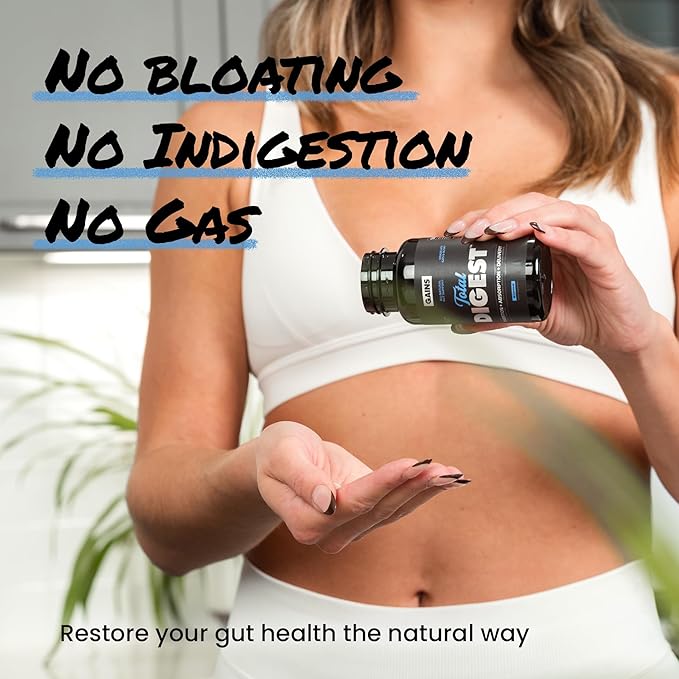 Gains in Bulk Total Digest, Digestive Enzymes, Prebiotics and Probiotics for Digestive Health, Bloating Support, Gut Health for Women and Men, Promotes Protein, Carb and Fat Digestion, 90 Capsules