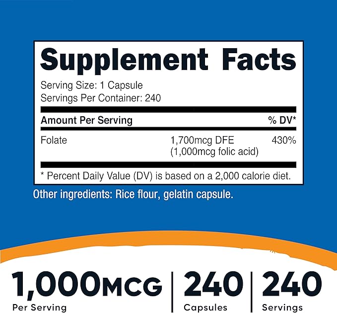 Nutricost Folic Acid (Vitamin B9) 1000 mcg, 240 Capsules (2 Bottles)