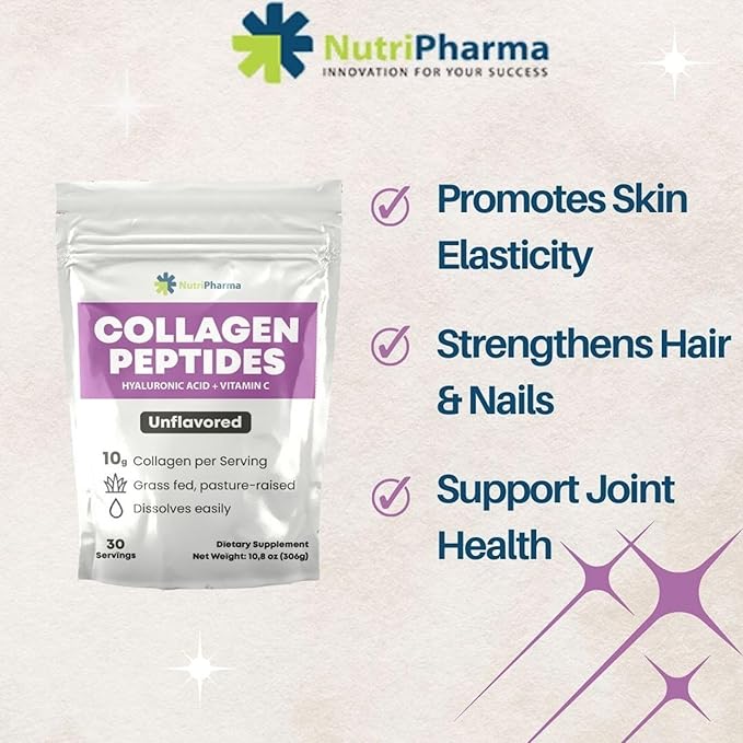 Collagen Peptides Powder with Hyaluronic Acid and Vitamin C, Promotes Hair, Nail, Skin, Bone and Joint Health, Unflavored Collagen Protein Powder, 30 Servings, 10,8 oz