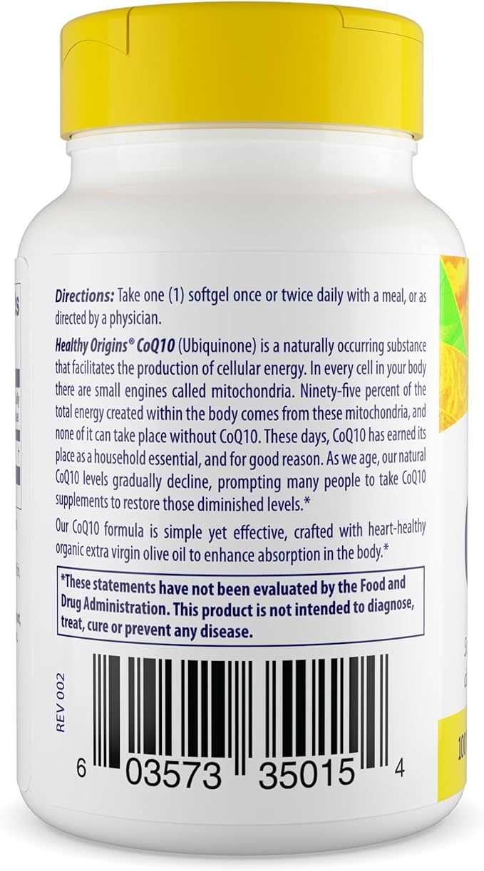 Healthy Origins® CoQ10 100 mg – Natural Trans-Isomer Ubiquinone – Yeast Fermented, Supports Heart Health & Cellular Energy – Non-GMO 30 Softgels