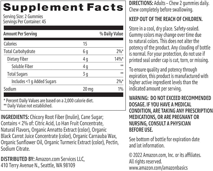 Amazon Basics Fiber Gummies for Digestive Health and Regularity, Orange, Lemon & Strawberry Flavors, 90 Count, Pack of 1 (Previously Solimo)