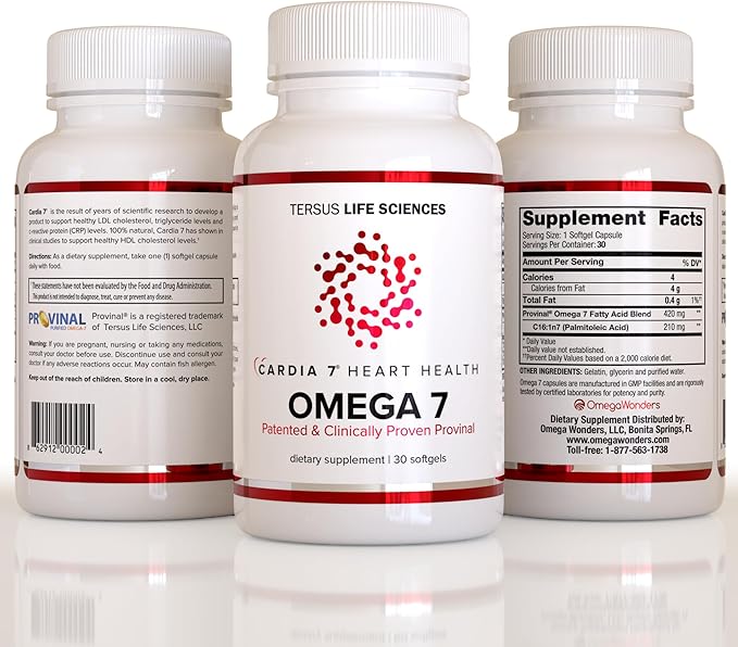 Cardia 7 Heart Health Omega 7 - Containing Patented Provinal Purified Omega 7 Fatty Acids - No Fish Taste or Burp-Back - 30ct Soft Gels