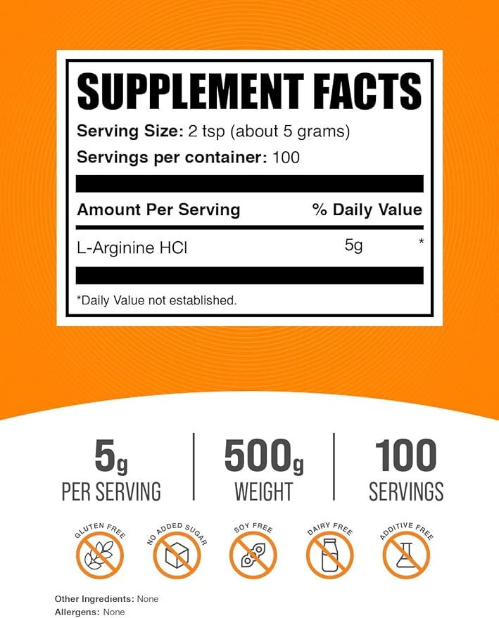 BulkSupplements.com L-Arginine HCl Powder - Nitric Oxide Supplement, Arginine Powder - Unflavored & Gluten Free, 5g per Serving, 500g (1.1 lbs) (Pack of 1)