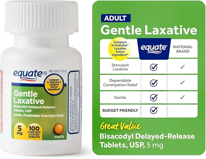 Bisacodyl 5mg Tablets- Equate Gentle Laxative for Constipation 100ct for Daily Use (Pack of 2), Boxed by Fusion Shop Store