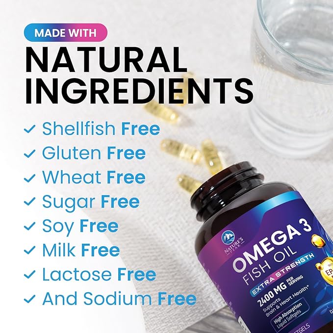 Omega 3 Fish Oil 2400 mg Supplement, Sustainably Sourced, Triple Strength Omega-3 Supplement Softgels, Brain Health Support, EPA & DHA Fish Oil Fatty Acids Supplements, Gluten & GMO Free, 120 Softgels