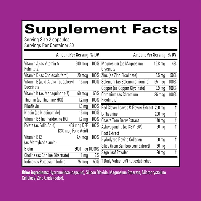 Hyland's Rock On Menopause and Youthful Skin Care Multivitamin for Women with Immune Support, 60 Capsules, Menopause Relief for Women with Biotin, Collagen, and Red Clover (Pack of 2)