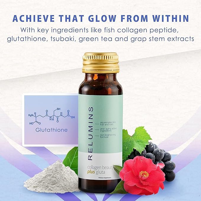 Relumins Advance Rejuvenating Collagen Beauty Drink with Glutathione, Hyaluronic, CoQ10, EGCG, Resveratrol & More - Naturally Fights Signs of Aging - Apple Flavor, Ten 50mL Drinks x 2 Packs