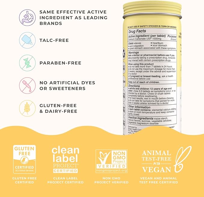 Wonderbelly Antacid, Effective Heartburn and Instant Acid Indigestion Relief, Extra Strength Chewable Tablets, 1000 mg Calcium Carbonate, No Talc or Dye, Lemon Sorbet, 60 Count