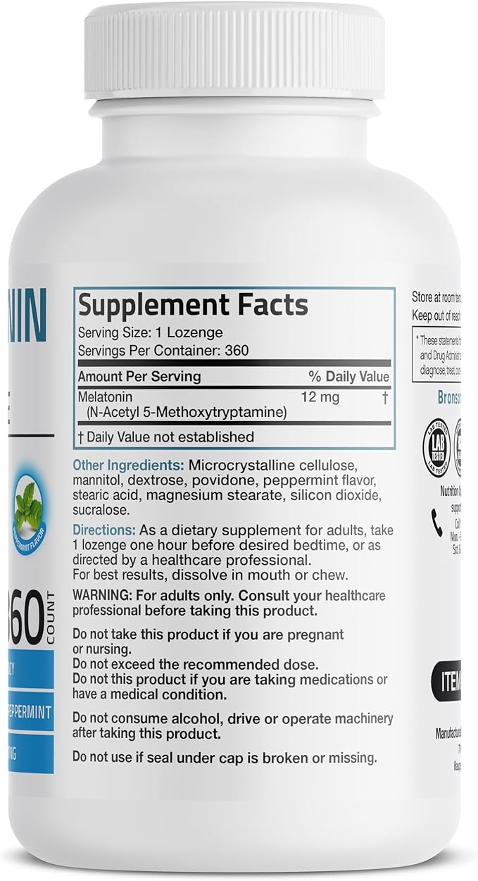 Bronson Melatonin 12mg Fast Dissolve Nighttime Sleep Aid Support & Relaxation Support, 360 Peppermint Vegetarian Lozenges