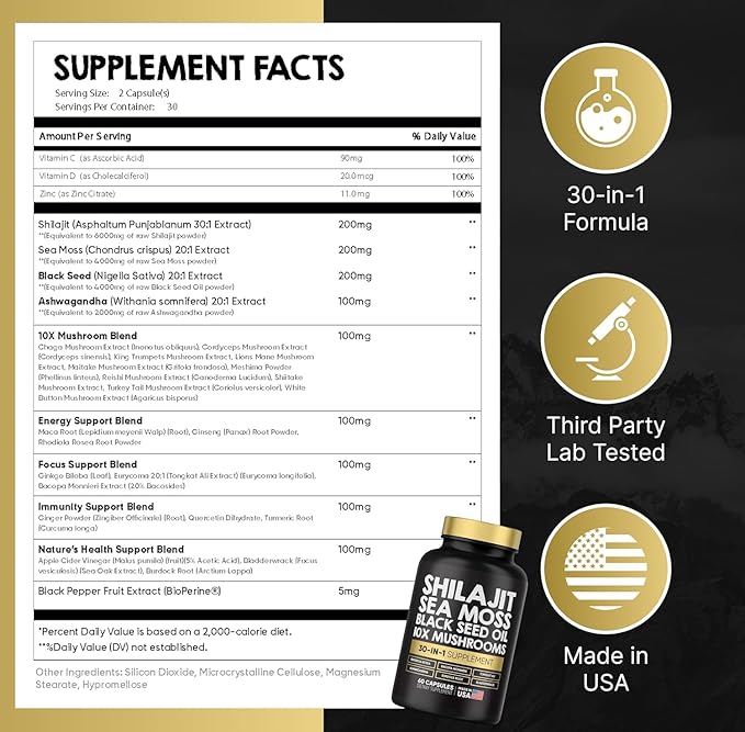 Power Blend Capsules - 30-in-1 Supplement Bundle with Shilajit 6000mg, Sea Moss 4000mg, Black Seed Oil 4000mg, Ashwagandha 2000mg, 10x Mushrooms, Tongkat Ali, Maca, Holistic Pills Combo