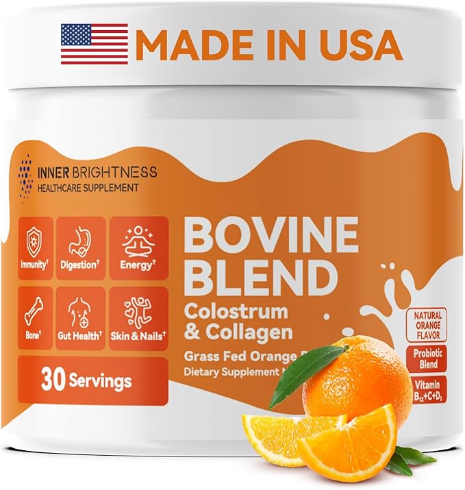 Bovine Colostrum & Collagen Powder for Gut Health, Immune Support, Hair Growth & Beauty Supplement, Sugar Free – IgG, Probiotics, Vitamin B12, C, D3 – Orange Flavor, 30 Servings