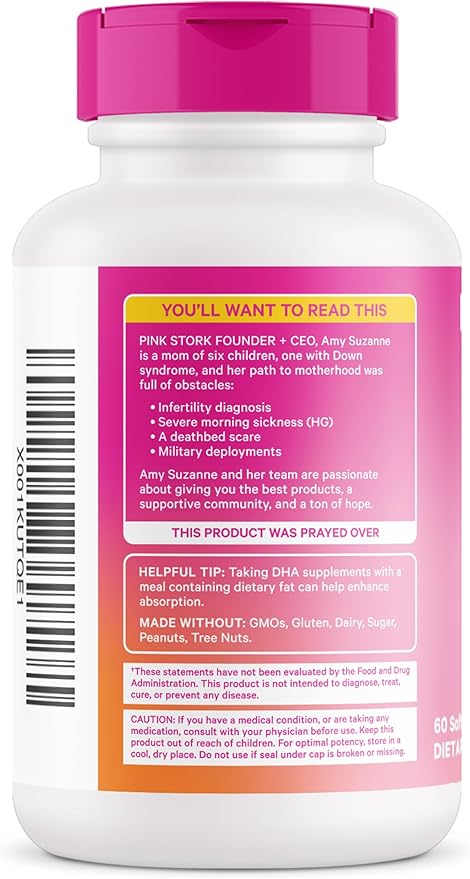 Pink Stork Omega-3 DHA - 540 mg Fish Oil Supplements with DHA and EPA, Prenatal and Postpartum Essentials for Cognitive Health + Fetal Development - 60 Softgels - Packaging May Vary