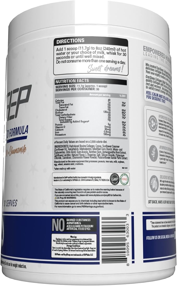 EHP Labs OxySleep Collagen Peptides Powder Night Time Shred - Promotes Deep Sleep & Shredding, Skin, Bones & Muscle Support, Pasture-Raised Bovine Collagen, Type I & III, 30 Servings (Hot Cocoa)