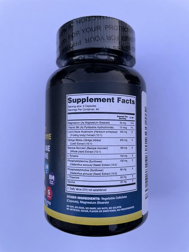 Organic Lions Mane Supplement Capsules - 120 Real Mushrooms Lion's Mane Capsules with Ginkgo Biloba Herb, Bacopa Monnieri - Nootropics Brain Support - Lion Mane Mushroom Supplement