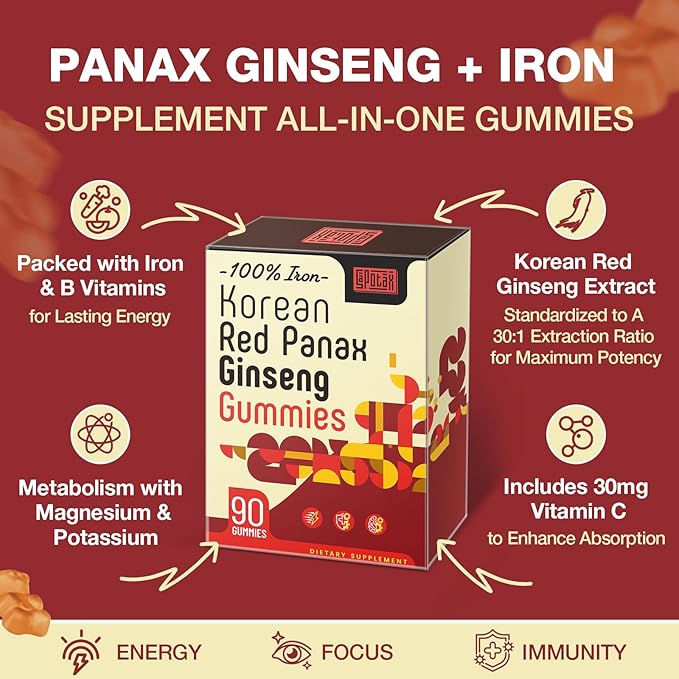 Korean Red Panax Ginseng Supplement Gummies - Iron Supplements for Women & Men - Iron Gummies with Vitamin C, B6, B12, Potassium & Magnesium, Vegan - 180 Count
