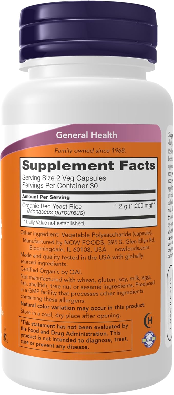 NOW Foods Supplements, Red Yeast Rice 600 mg, Made with Organic Red Yeast Rice, 60 Veg Capsules