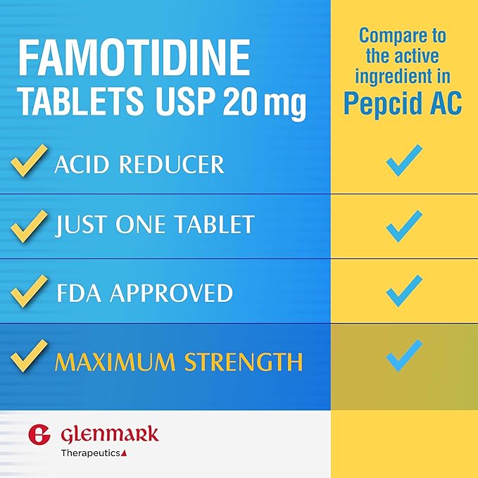 Glenmark Maximum Strength Famotidine Tablets, 20 mg, Acid Reducer for Heartburn Relief, 200 Count
