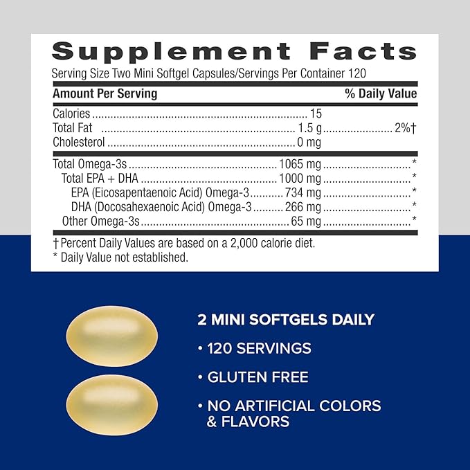 GNC Triple Strength Fish Oil Mini Omega 3 Supplement, 1000mg EPA and DHA, Supports Heart, Brain, Skin, Eye and Joint Health, 240 Mini Softgels