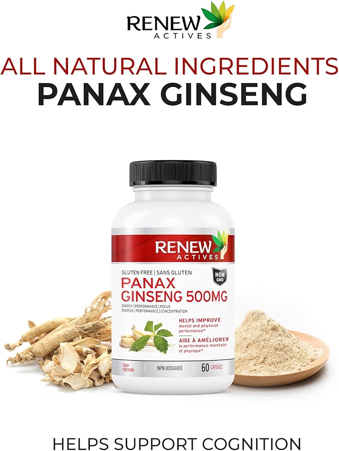 RENEW ACTIVES Panax Ginseng 1000MG per 2 Capsules – Boosts Physical & Cognitive Health, Enhances Energy, Supports Mental Clarity & Focus, Promotes Performance & Vitality – Made in Canada – 60 Capsules