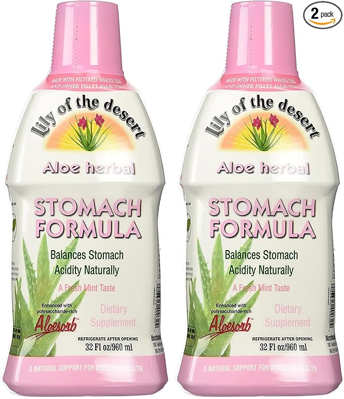 Lily Of The Desert Stomach Formula, Organic Aloe Vera Juice with Slippery Elm, Chamomile, Peppermint, and Ginger for Gut Health, Acid Reflux, Heartburn Relief, 32 Oz (Pack of 2)