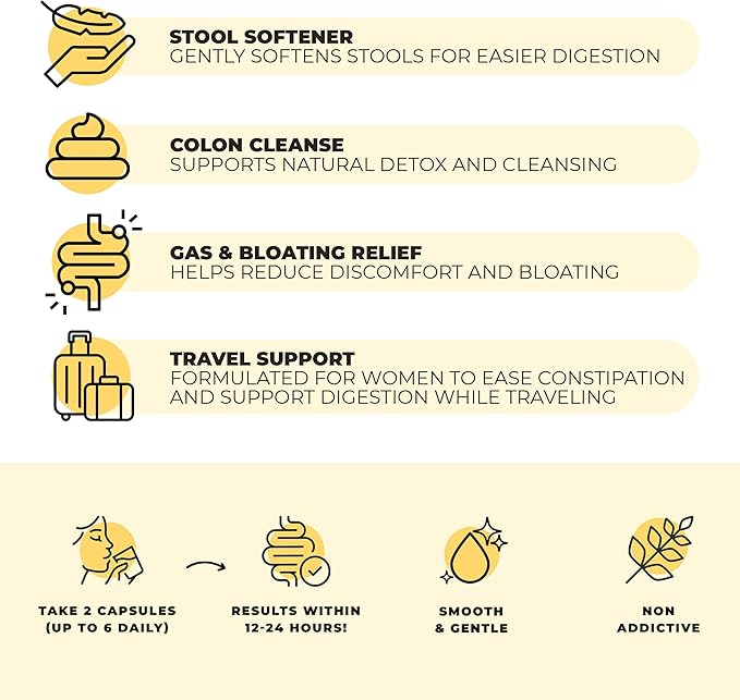 DigestLive Women's Constipation Relief Laxative for Travel, 30 Capsules,100% Herbal Stool Softener - Female Gentle Natural Colon Cleanse, Detox, Bloating & Gas, Fast-Acting, Vegan, Gluten & GMO-Free