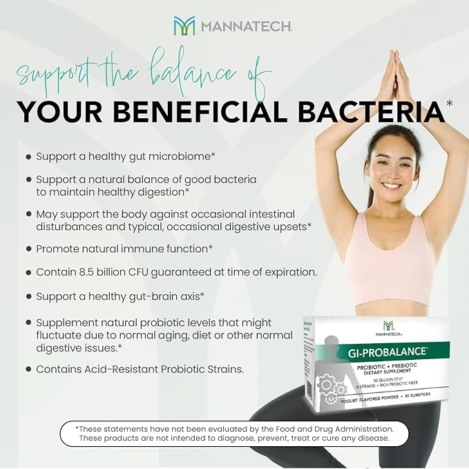 Mannatech Prebiotics and Probiotics, 30 Slimsticks, Yogurt Flavor, GI-ProBalance w/MannaBiotic Blend, Pre and Probiotics Powder for Gut Health, w/ 8 Strains, Rich Prebiotic Fiber & 50 Billion CFU