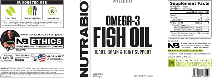 NutraBio Omega 3 Fish Oil Supplements, 2,000mg, 400 Softgels - EPA DHA Omega 3 Fatty Acid Supplement to Help Support a Healthy Heart