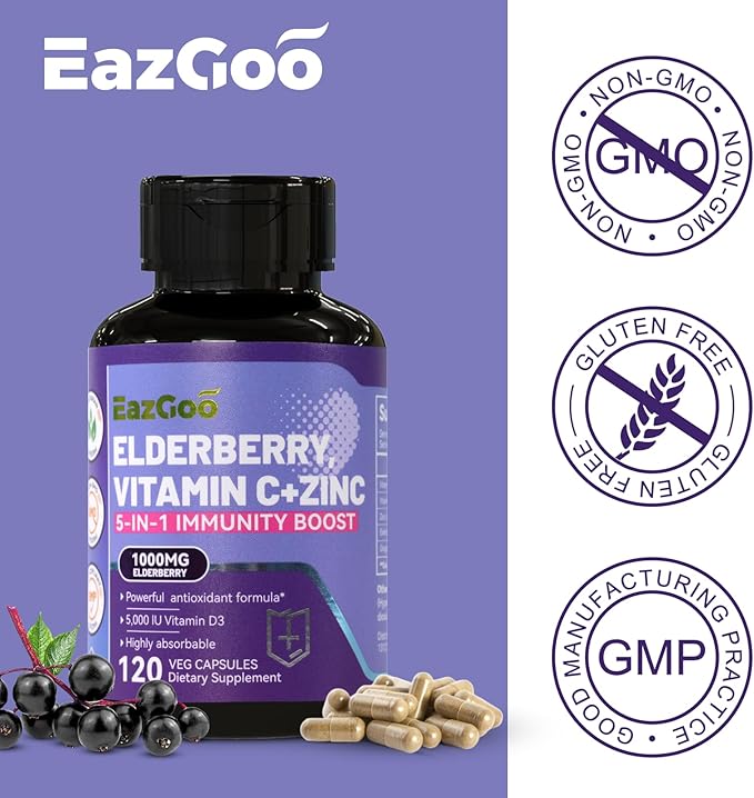 Sambucus Elderberry with Zinc & Vitamin C - 5 in 1 Immune Support Supplement, Non-GMO, 120 Vegetarian Capsules, 2 Months Supply