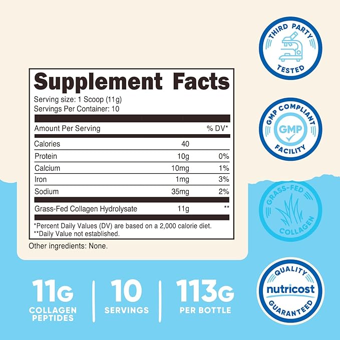 Nutricost Collagen Peptides Powder 4 oz (Unflavored) Type I, Type III Collagen - Grass-Fed, Gluten Free and Non-GMO