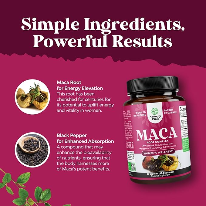 Organic Maca Root Capsules for Women - Potent Herbal Supplement with Female Enhancing Blend of Red Yellow & Black Maca Root - Non-GMO Certified Vegan and Gluten-Free with No Artificial Colors - 30ct