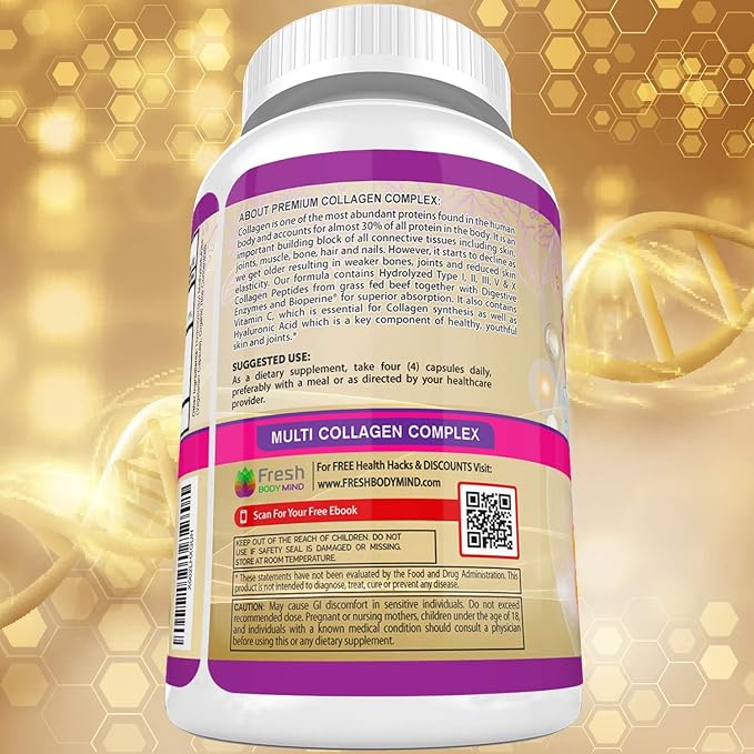 FRESH HEALTHCARE Multi Collagen Pills with Type I, II, III, V & X Peptides with Vitamin C, Hyaluronic Acid - Supports Healthy Hair, Skin, Nails and Joints - 120 Kosher Capsules