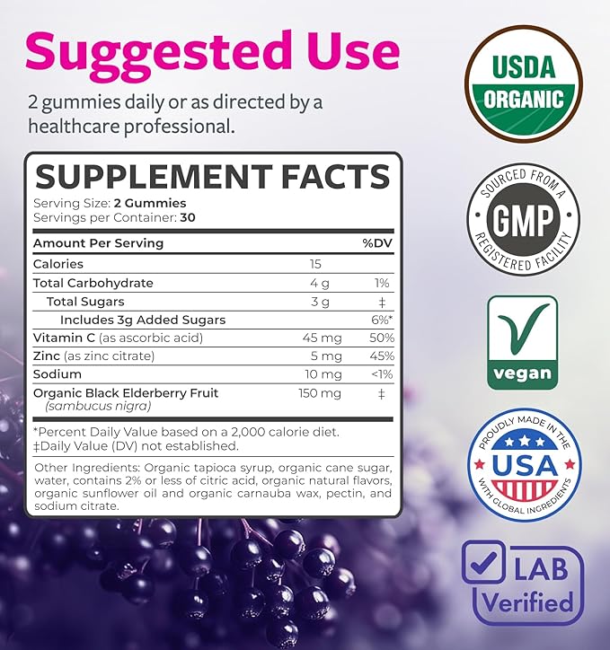 Organic Elderberry Gummies for Adults - Vegan Sambucus Elderberry Immune Support Gummies with Black Elderberry Vitamin C and Zinc for Daily & Seasonal Immunity (USDA Organic Non-GMO Vegan) - 1 Month