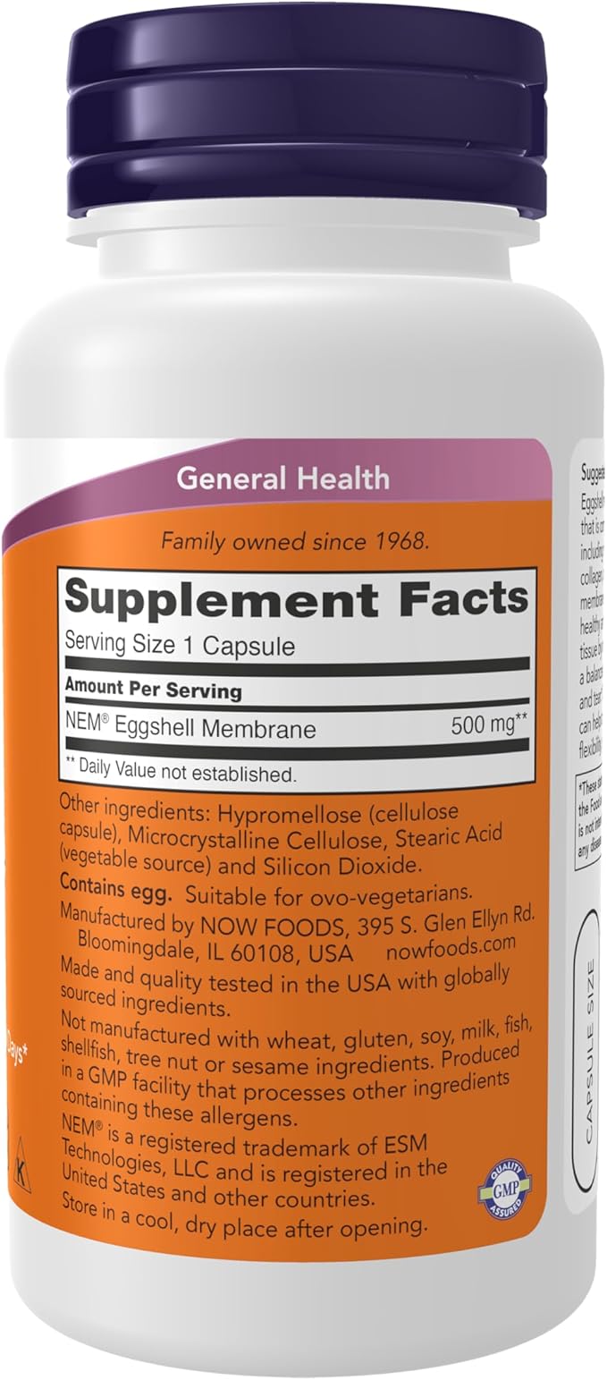 NOW Foods Supplements, Eggshell Membrane (A Unique Biological Matrix Composed of Major Joint Constituents) 500 mg, 60 Veg Capsules