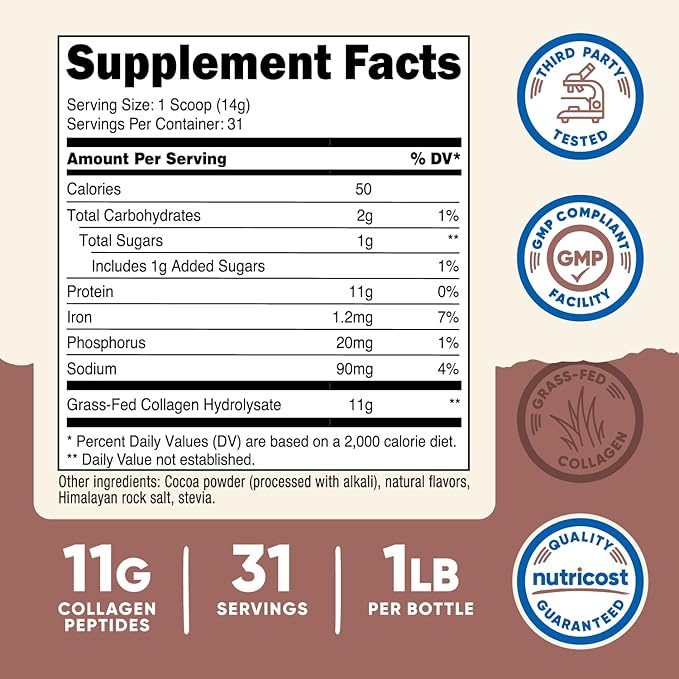 Nutricost Collagen Peptides Powder 1LB (454 G) (Chocolate) - Grass Fed Bovine Collagen Hydrolysate
