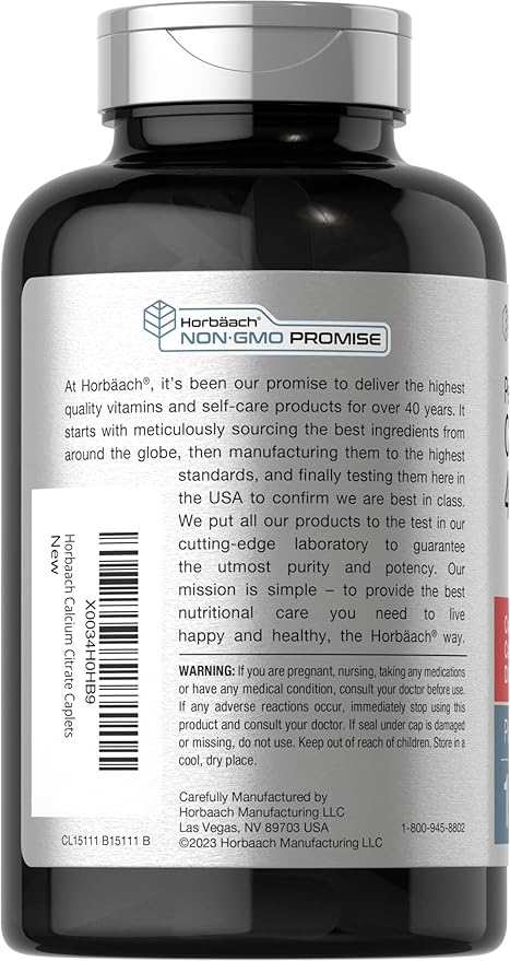 Horbäach Calcium Citrate with Vitamin D3 | 150 Petite Coated Caplets | Supplement for Men and Women | Vegetarian, Non-GMO & Gluten Free
