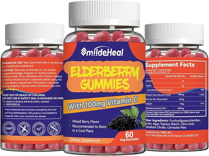 Elderberry Gummies, Elderberry Extract 300mg, with Vitamin C and Zinc, Strawberry Flavor Gummies, Non-GMOs, Gluten Free, Vegan-Friendly, Immune Support, 60 Count (Pack of 2)