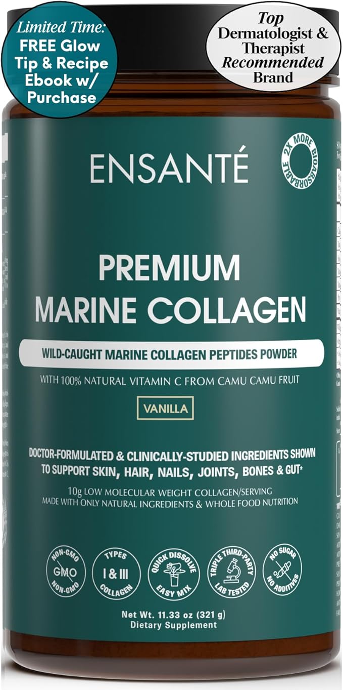 ENSANTE Premium Marine Collagen Peptides Powder Vanilla, Clinically Backed Type I II III IV Collagen, Wild Deep Sea Fish Collagen with Organic Camu Camu Vitamin C for Hair Skin Nail Joint, Lab Tested