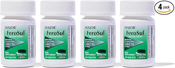 Major Ferosul - Ferrous Sulfate 325mg Tablets with 65mg of Elemental Iron - Iron Supplement for Women, Men - Green - 100 Count (4 Pack)