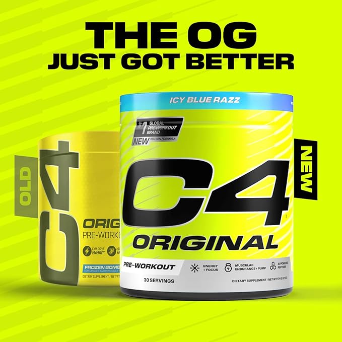 Cellucor C4 Original Pre Workout Powder Sugar Free for Men & Women 200mg Caffeine + CarnoSyn Beta-Alanine + Creatine + AI Peptides - ICY Blue Razz, 30 Servings
