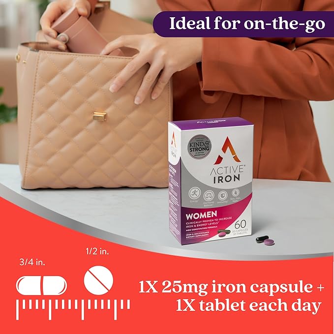 Active Iron Supplement for Women + Complete Multivitamin, 30 Non-Constipating, Gentle on The Stomach Capsules + 30 Womens Multivitamin Tablets, Clinically Proven to Increase Iron & Energy Levels