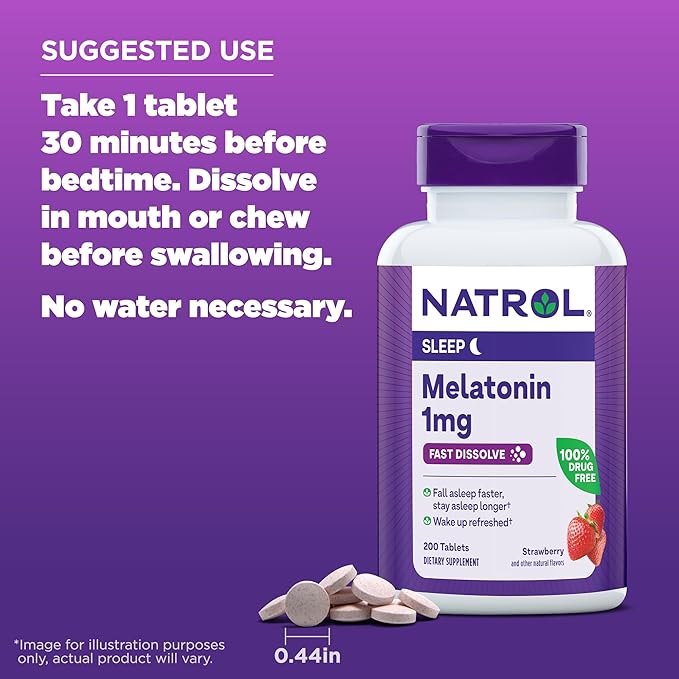Natrol Fast Dissolve Melatonin 1 mg, Supplements for Restful Sleep, Sleep Support for Adults, 200 Strawberry-Flavored Melatonin Tablets, Up to a 200 Day Supply