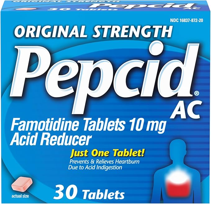 Pepcid AC Original Strength Heartburn Relief Tablets, OTC Medicine Prevents & Relieves Heartburn Due to Acid Indigestion & Sour Stomach, 10mg Famotidine Acid Reducer, Fast-Acting, 30 ct