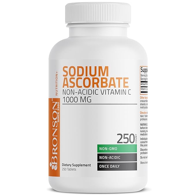Sodium Ascorbate Non Acidic Vitamin C 1000 Mg Tablets - Gentle On The Stomach - Immune System Booster - Powerful Antioxidant - Non GMO Vitamin C Supplement, 250 Count