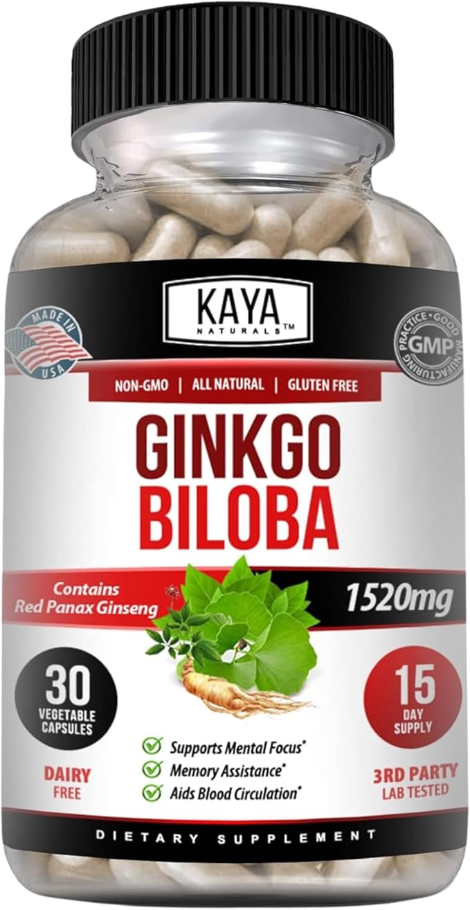 Kaya Naturals Red Panax Ginseng + Ginkgo Biloba - Nootropic Brain Supplement - Cognitive and Concentration Support - Brain Booster, Focus, and Memory Supplement - 30 Capsules