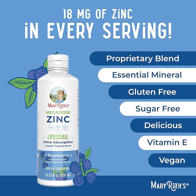 MaryRuth Organics Nutritional Supplement | Liposomal Liquid Zinc Supplement with Vitamin E | Overall Health and Skin Care | Blueberry | Vegan, Non-GMO, Gluten Free, No Sugar Added | 15.22 Fl Oz