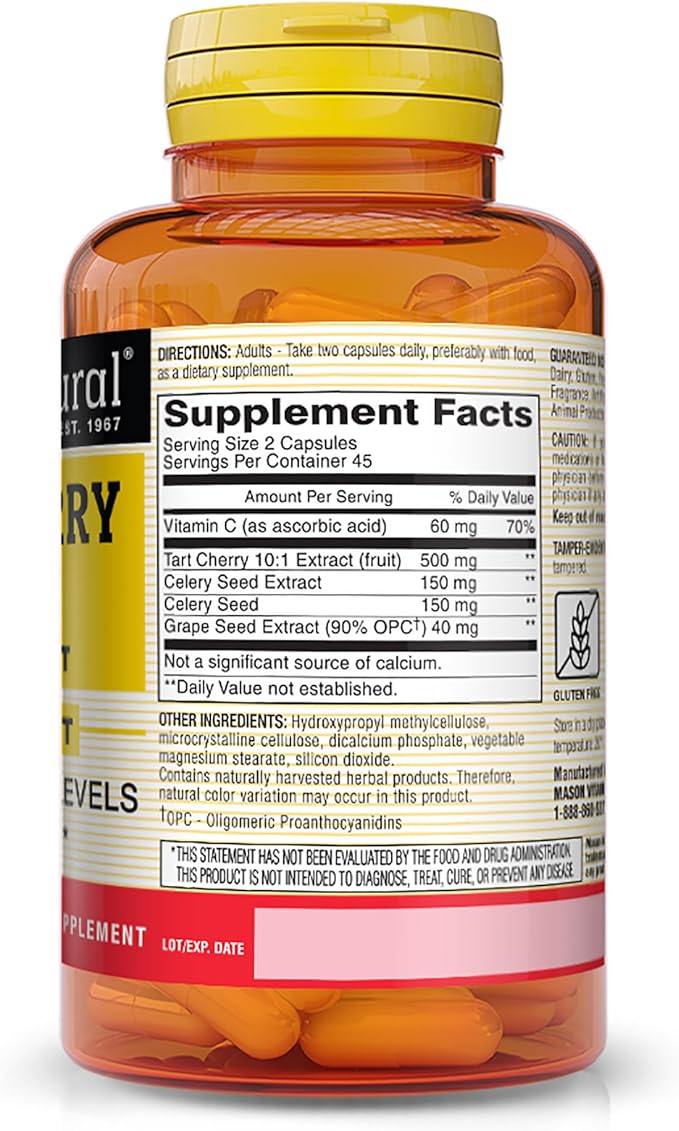MASON NATURAL Tart Cherry 500 mg 10:1 Extract Veggie Caps - Supports Healthy Uric Acid Levels & Joint Health*, 90 Capsules