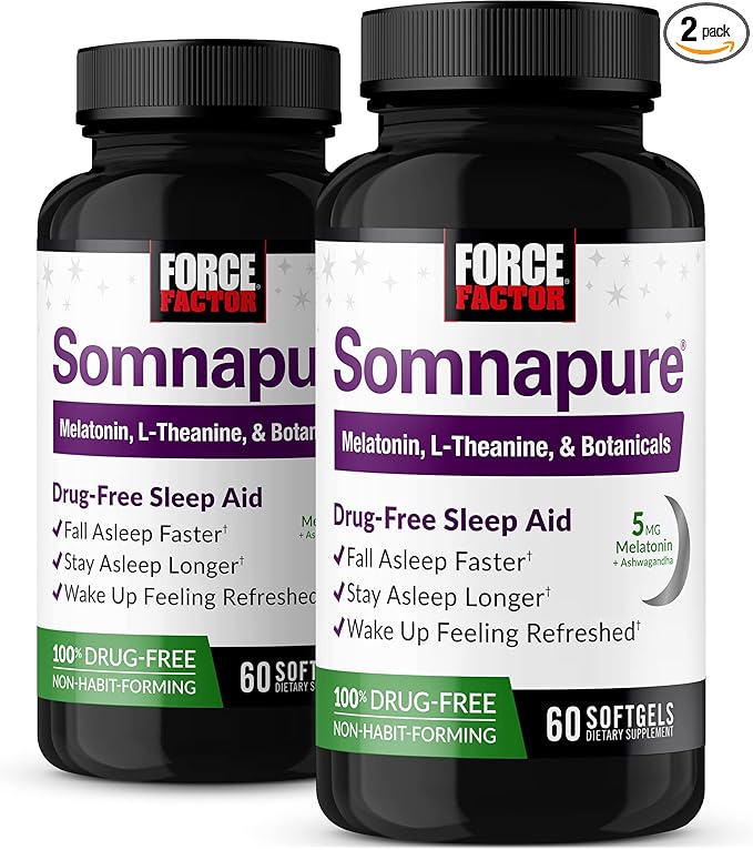 FORCE FACTOR Somnapure Softgels 2-Pack Sleep Aid to Fall Asleep Faster, Stay Asleep Longer, Wake Up Refreshed, Sleep Aid for Adults with Melatonin, Ashwagandha, Valerian Root, 120 Softgels