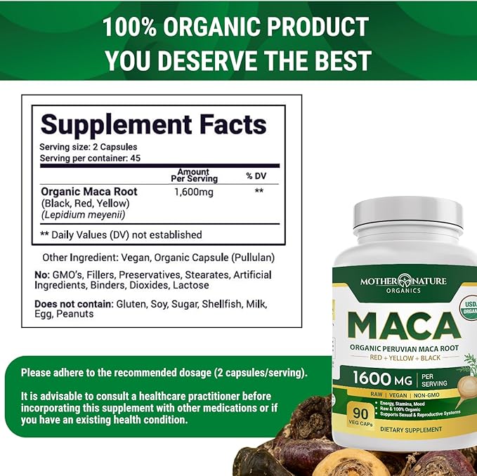 Mother Nature USDA Organic Maca Root Black + Red + Yellow Capsules Peruvian Maca for Men & Women 1600mg, Vegan Pills, Supports Mood, Hormonal Balance Reproduction & Energy (90ct)