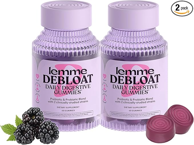 Lemme Debloat - Digestive & Gut Health Gummies with 2 Clinically Studied Probiotics & Prebiotic, Vegetarian, Gluten Free, Non GMO, BlackBerry Flavor (60 Count) (Pack of 2)