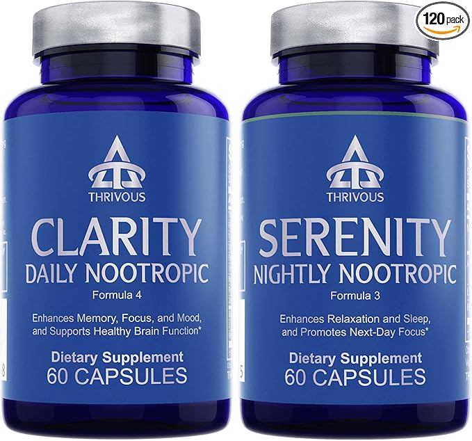 Thrivous Clarity and Serenity Stack - Enhance Memory, Focus & Mood - Enhance Relaxation & Sleep - Advanced Nootropic Supplement - Includes Clarity & Serenity - 2 Bottles - 120 Capsules